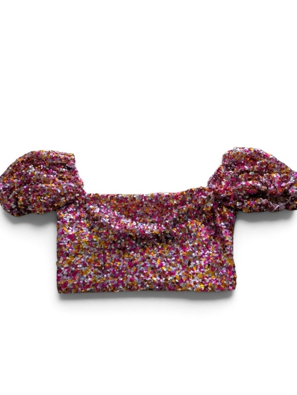 LPA Revolve Multi Sequin Off-Shoulder Puff Sleeve Crop Top Magenta Gold M